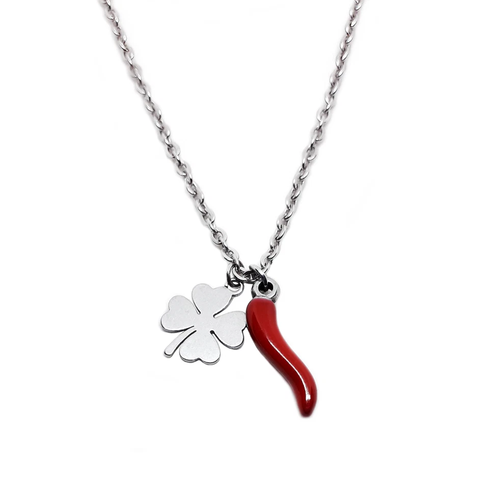 Collana Acciaio Cornetto corno Portafortuna Peperoncino Rosso quadrifoglio Donna - Immagine 1 di 4