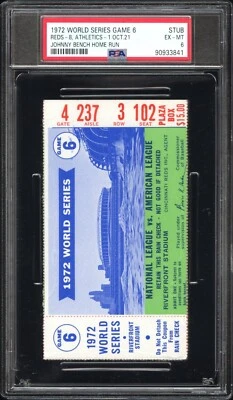 1972 MLB World Series Game 6 Ticket, A's Cincinnati Reds Johnny Bench HR, PSA 6 - Image 1 of 4