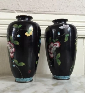 Antique 19c CHINA CHINESE Black Floral Vase Set PAIR CLOISONNE ENAMEL ON BRONZE - Picture 1 of 12