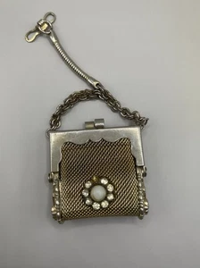 Vintage Rare Mid Century Mod Goldtone Mini Mesh Coin Pill Purse w Pearl - Picture 1 of 9