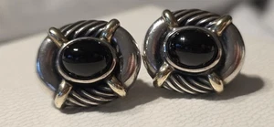 Authentic DAVID YURMAN 14K GOLD 925 Black Onyx RENAISSANCE Cable Omega EARRINGS - Picture 1 of 16