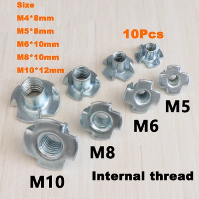 10Pcs M4/M5/M6/M8/M10 Four Prong Furniture T Nut Inserts For Wood Zinc Plated - Image 1 of 4