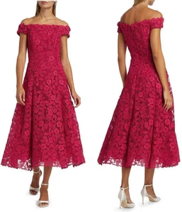 $620 NWT Teri Jon Tea-length Full Lace Cocktail Dress Sz.20 Ruby Red Off shoulde - Picture 1 of 22