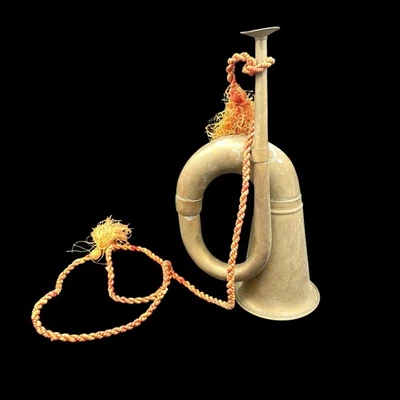 Vintage Military Used Bugle Horn Brass With Patina And Carrying Cord - Image 1 of 4