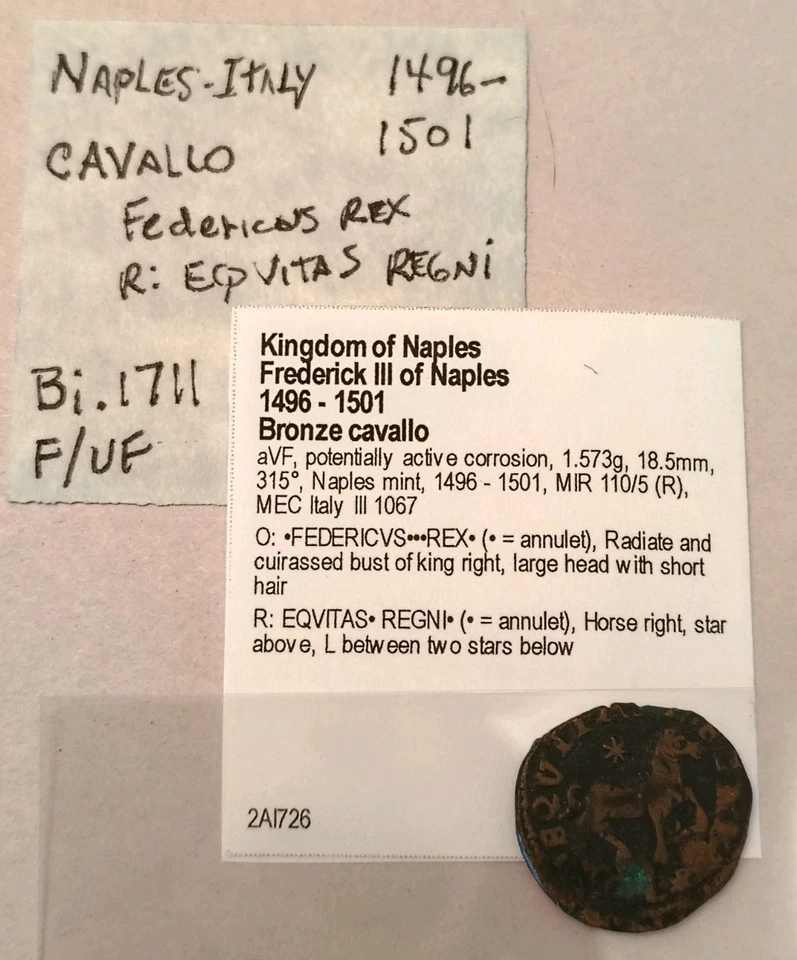 Federico III de Nápoles, Cavallo de Bronce, Moneda Medieval, 1496-1501 Casa de la Moneda de Nápoles. Foto 1 de 2