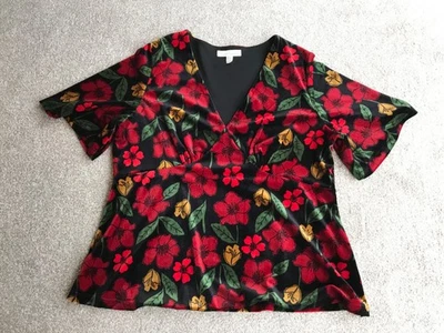 Seasalt Cornwall Floral Pattern V-Neck Velvet Top Black/Red/Green - Size 16 - Image 1 of 4