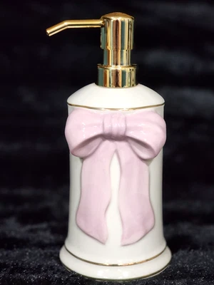 Pink Coquette Bow on Off White Soap Lotion Dispenser 7" Gold Trim Bath Ceramic - Image 1 of 4