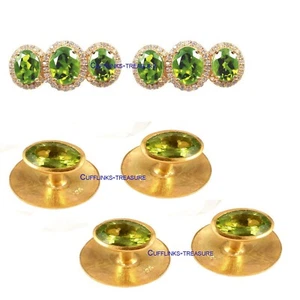 Natural Peridot & CZ Stones 925 Silver Gold Plated Tuxedo Buttons cufflinks Set - Picture 1 of 3