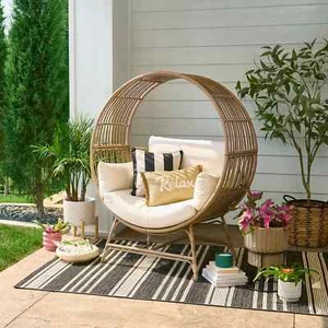 Outdoor Egg Chair Round Wicker Chair Beige Long-Lasting Rust Resistance - Picture 1 of 6