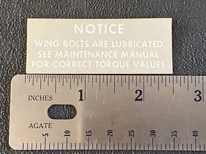 Beechcraft Beech Wing Bolts Placard Decal, P/N 58-100026-5, New Surplus - Picture 1 of 4