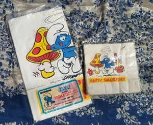 Vintage Smurfs Happy Smurf Birthday Paper Table Cover 54in X 88 Inch + Napkins  - Picture 1 of 4