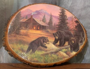 Quadri vintage orsi in cabina su lastra albero 11"X8"-SPARE DEL GOLFO,ALABAMA - Foto 1 di 2