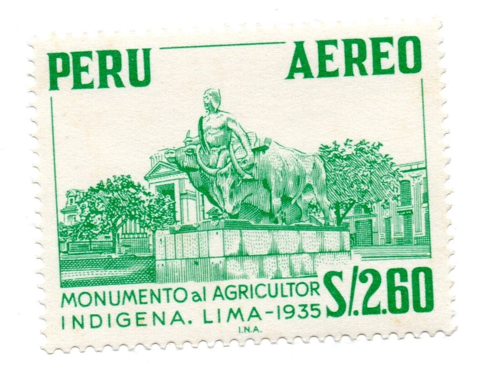 indigenous farmer Monument, green, S/.2.60, Perú 1952-1960, accept offers 2 - Image 1 of 1