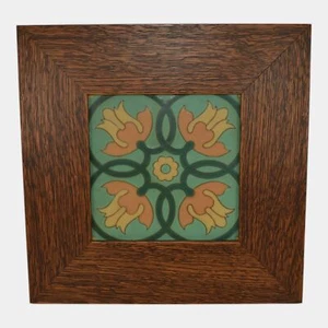 Van Briggle Modern Deco Matte Green Tulip Pottery Framed Wall Art Tile - Picture 1 of 6