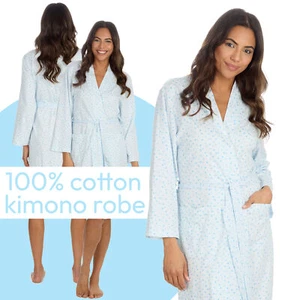 Womens Lightweight Robe 100% Cotton Summer Gown Kimono Bathrobe Blue UK S M L XL - Picture 1 of 6