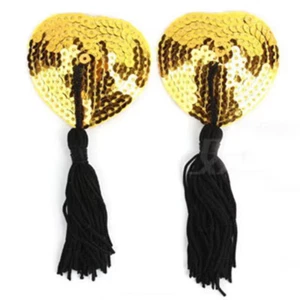 1 Pair Heart Shape Sequin Tassel Nipple Covers – Self Adhesive Pasties - Picture 1 of 20