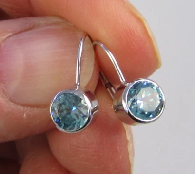 Estate великолепный редкая 14k белое золото 2,3 карата круглый синий цирконий пирсинг серьги - Изображение 1 из 4