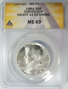 1964 Kennedy Half Dollar ANACS MS 63 Curved Rim Clip Clipped Mint Error Coin - Picture 1 of 12