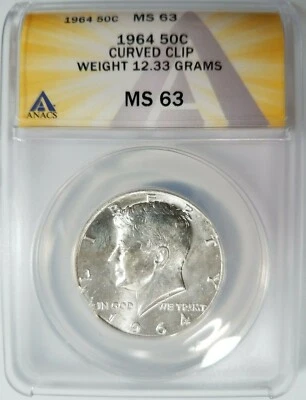1964 Kennedy Half Dollar ANACS MS 63 Curved Rim Clip Clipped Mint Error Coin - Image 1 of 4