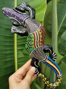 Decoración colgante de pared placa de lagarto gecko arte aborigen madera tallada lunares - Imagen 1 de 10