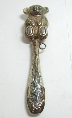 Antiguo oso de peluche de plata de ley de los años 20 sonajero bebé Foto 1 de 4