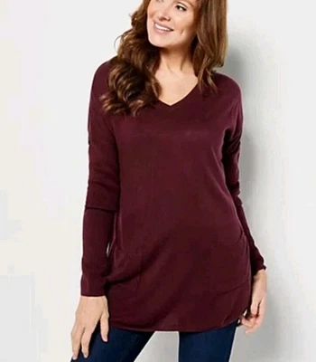 Suéter túnica New York & Co cuello en V manga larga con bolsillos vino M Foto 1 de 4