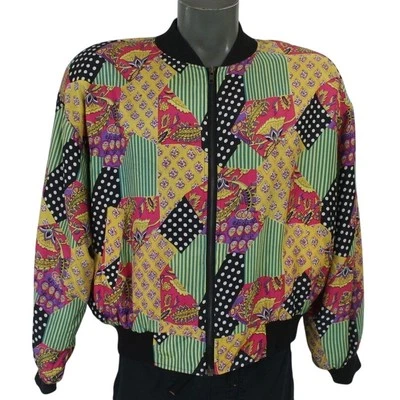 Vintage 80s Carol Horn Abstract Patchwork 100% Silk Bomber Jacket Large 90s  - Image 1 of 4