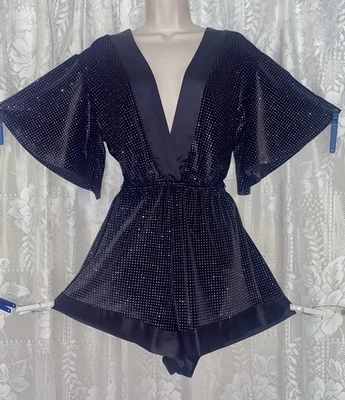 NWT Vtg Design L XL BLACK Victoria's Secret TEDDY Romper Velvet Satin w BLING - Image 1 of 4