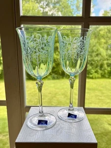 (2) LE REINE CRISTAL~ITALY~BLUE ETCHED WATER/WINE GOBLETS~GLASSES~8-1/4"~OPTIC B - Picture 1 of 5