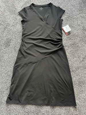 Vestido Athleta Néctar Mujer Pequeño Negro Imitación Envoltura Cintura Acanalada Funda Gorra Manga Foto 1 de 2
