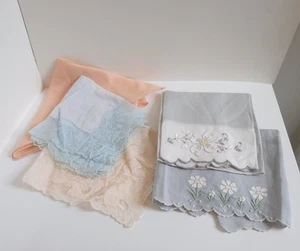 5 Piece Lot Linen Handkerchief Tea Towel Cutwork Lace Handmade Daisy Dogwood - Picture 1 of 10
