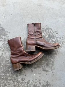 Vintage 70s Original Genuine Leather Chunky Western Mid Calf Unisex Boots 11.5M - Picture 1 of 7