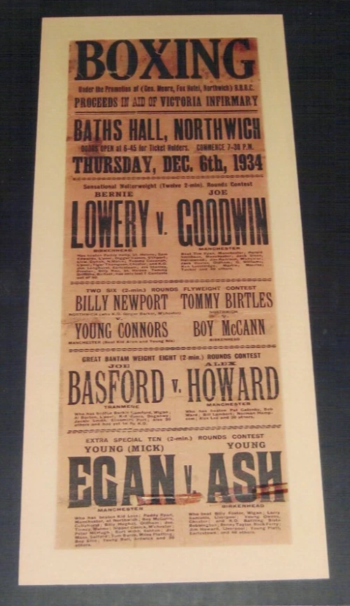 SUPER RARE 1934 NORTHWICH boxing poster LOWERY GOODWIN BASFORD HOWARD EGAN ASH - Image 1 of 1