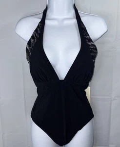 $128 Gottex Women's Black Deep V Neck Metallic Trim Halter Swimsuit Size 8 NWT - Picture 1 of 10