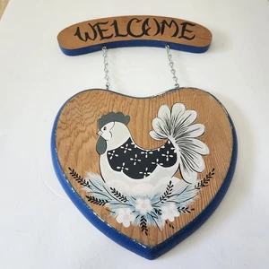 Rustic Wooden Welcome Sign Heart Shape Chicken Rooster Wall Hanging Farmhouse - Picture 1 of 9