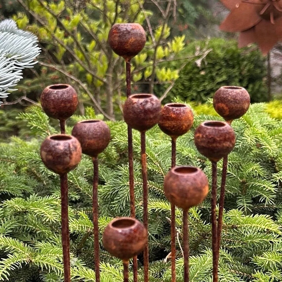 Rusty tiny flower buds set of 10, Garden stakes garden decor, Metal garden decor - Image 1 of 3