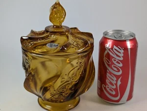 Vintage Fenton Swirl Gold Amber Glass Dish with Lid. Handmade in USA - Picture 1 of 24