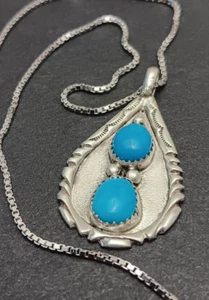 Turquoise & Sterling Silver Pendant on 16" Sterling Silver chain Native American - Picture 1 of 6
