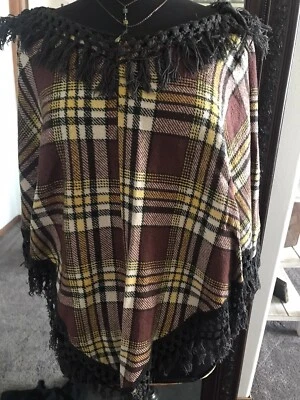Vintage Handmade Poncho Cape Fringe Black White Brown YellowTweed Boho Hippie OS - Image 1 of 3