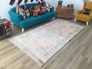 Faded pink rug, Worn rug, Vintage turkish rug, Oushak rug, Area rug, 5.1x9.8 fe