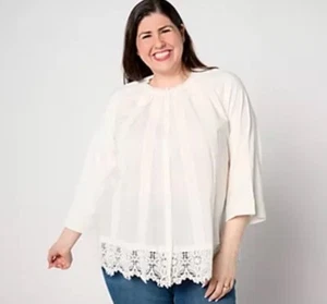 LOGO Lavish By Lori Goldstein Woven Button Front Top W/ Lace Trim Ivory Small - Picture 1 of 8