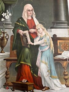 Retablo Saint Anne Virgin Mary Child Lithograph Painting on Tin Antique 23.5”x17