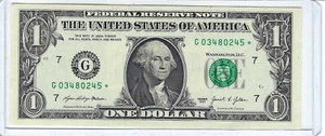 SELTENER UNZIRKULIERTER 1 $ ONE DOLLAR SCHEIN Star Note 640K LOW PRINT RUN G03480245* - Bild 1 von 3