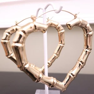 Betsey Johnson earrings bamboo hearts tubular goldtone metal hinged wires large - Picture 1 of 9