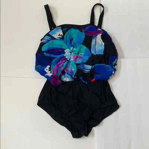 2 Bamboo One-Piece Floral Swimsuit Size M Black Pink Blue Adjustable Straps Cute - Picture 1 of 5