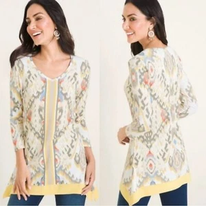 Chico’s Zenergy IKAT Bordüre Tunika Top Aztekenmuster Gr. 16/18 Gelb Blau Neu - Bild 1 von 9