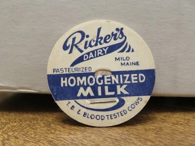 Tapa de leche homogeneizada pasteurizada antigua RICKER'S DAIRY (MILO, MAINE) (azul) Foto 1 de 2
