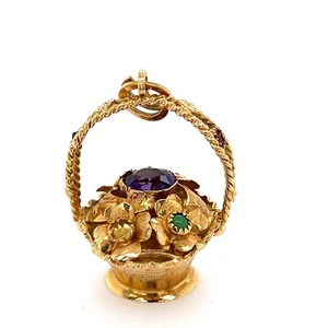 Colgante con dije grande cesta de flores de oro amarillo de 18 K Estate alrededor de la década de 1950 - Imagen 1 de 5