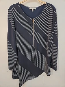 NWOT Chaus New York Half Zip Navy White Blouse Size L Long Sleeve Slit - Picture 1 of 11