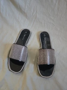 Shoe Land Women's Size 9 Rhinestone Bling Single Band Jelly Sandals -Black - Picture 1 of 4